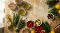 Mediterranean diet ingredients with olive oil, fresh herbs, vegetables, legumes, and whole grains arranged on parchment paper for healthy cooking.