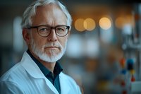 Senior male scientist with gray beard and glasses wearing white lab coat in research laboratory with blurred bokeh background. Professional medical portrait.