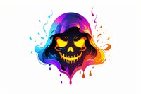 Sinister skull with glowing yellow eyes emerging from vibrant rainbow liquid splash effect, isolated on white background for gaming logos and dark fantasy designs.