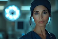 Female medical professional in surgical scrubs and cap against blurred hospital operating room background with circular surgical light creating dramatic cyan atmosphere.
