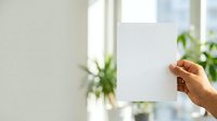 Hand holding blank white card in bright modern interior with green plants and natural window light, suitable for mockups and presentations.