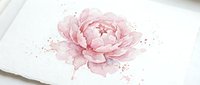 Delicate pink peony flower painted in soft watercolor style on white paper with artistic paint splatters for wedding invitations and feminine designs.