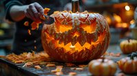 Hands carving intricate zigzag pattern into orange pumpkin with glowing candle light inside for Halloween jack-o-lantern decoration and autumn celebration.