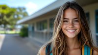 Young Caucasian woman with long brown hair and bright genuine smile wearing turquoise top outdoors on sunny day, natural beauty and happiness concept.