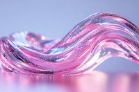 Macro shot of pink translucent wavy glass or crystal surface with glitter particles and reflective light creating abstract flowing curves and lines.