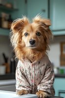 Adorable brown and white mixed breed dog wearing floral patterned shirt sitting in modern kitchen with turquoise cabinets, pet fashion and home decor.