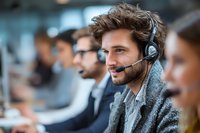 Young male customer service representative with headset working in call center with diverse team of operators in background.