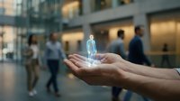 Digital hologram of businessman floating above open palm in modern office lobby with blurred corporate professionals walking in background.