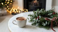 Hot chocolate cup with Christmas wreath decoration on white table, cozy holiday morning scene with warm bokeh lights in background.