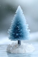 Magical winter pine tree covered in frost and snow, standing on crystal rocks against misty gray background. Seasonal nature composition for holiday designs.