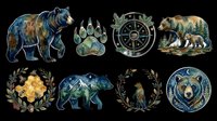 Watercolor bear clipart set with paw print, compass, forest scenes, and floral wreaths, isolated on transparent background. Great for stickers, t-shirt design, print on demand.