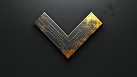 Futuristic gold and black chevron symbol with circuit board pattern and metallic texture on dark background, modern tech concept design element.