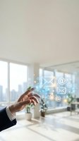 Businessman hand touching digital email and messaging icons in modern office with city skyline view, representing communication and contact solutions.