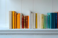 Colorful vintage books arranged in rainbow order on white wooden shelf against beadboard wall, creating minimalist home library display.