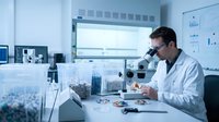 Male scientist in white lab coat examining samples through microscope in modern research laboratory with data charts and equipment for scientific analysis.