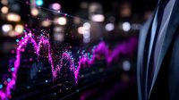 Financial data visualization with glowing purple chart line against dark background showing market trends and analysis for business presentation or report.