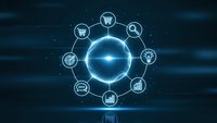 Digital commerce network with glowing sphere and connected business icons on dark blue technology background for marketing presentations.