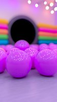 Vibrant pink spheres with glowing dots scattered across surface against blurred rainbow background and bokeh lights create magical atmosphere for party designs.