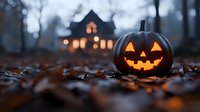 Glowing jack-o-lantern pumpkin with carved face sits on autumn leaves with spooky haunted house in blurred background for Halloween celebration.