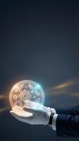 Businessman hand holding glowing digital sphere with technology icons including gears, rockets and satellites for innovation concepts.