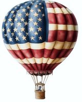 Vintage style hot air balloon decorated with stars and stripes pattern in red, white and blue colors on white background, patriotic transportation symbol.