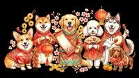 Festive dogs in traditional Chinese New Year outfits with lanterns and blossoms, isolated on transparent background, ready for clipart, stickers, and print on demand.