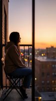 Young Asian woman sitting on apartment balcony chair enjoying peaceful sunset view over city skyline with warm golden hour lighting and urban bokeh lights.