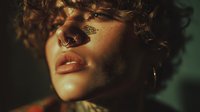 Young woman with curly hair and facial tattoo in warm golden light against dark background, showcasing septum piercing and hoop earring.