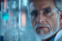 Senior scientist with glasses examining laboratory equipment in modern research facility with blue lighting and scientific instruments.