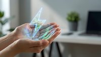 Hands holding holographic lightning bolt energy symbol in modern office workspace representing power innovation and digital transformation concepts.
