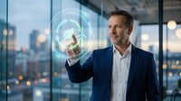 Middle-aged Caucasian businessman in navy suit touching futuristic holographic interface in modern office with city skyline background at dusk.