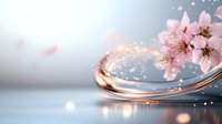Delicate pink cherry blossoms floating on rose gold mirror surface with magical sparkles and bokeh lights creating dreamy spring atmosphere.