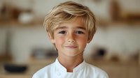 Young Caucasian boy with blonde hair and blue eyes wearing white chef coat smiles at camera in kitchen setting.