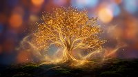 Glowing golden tree with luminous branches and sparkling particles dispersing into bokeh background, symbolizing growth, energy, and transformation for spiritual and wellness concepts.
