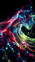 Abstract colorful particle wave with glowing bokeh lights creating dynamic swirl motion on black background for digital art and technology designs.