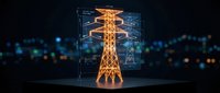 Electric power transmission tower hologram with digital grid overlay on dark background for energy infrastructure and smart grid technology concepts.
