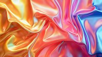 Luxurious flowing silk fabric in vibrant orange, pink and blue colors creating smooth waves and folds with glossy metallic sheen and soft gradient transitions.