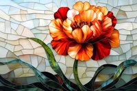 Vibrant orange and red peony flower in stained glass mosaic style with green stems against textured background, artistic floral interpretation for wall decor.