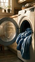 Modern white washing machine with open door and blue towels in bright laundry room with natural sunlight streaming through window and wooden shelves.
