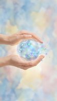 Hands protecting glowing energy sphere with sparkles on soft pastel background for healing wellness spiritual meditation and holistic therapy concepts.