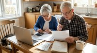 Senior Caucasian couple managing finances at kitchen table with laptop, calculator and paperwork for retirement planning and budgeting decisions.
