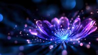 Glowing neon flower with luminous petals radiating light particles against dark background. Digital art for meditation, wellness, and spiritual designs.