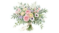 Watercolor wedding bouquet with pink roses, ranunculus, anemones, eucalyptus, and greenery, isolated on white background, ready for design use.