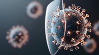 Microscopic view of virus cell with spiky crown-like surface in dark blue and rose gold metallic colors against black background, medical science visualization.