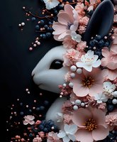 White rabbit profile adorned with delicate pink and navy blue flowers, berries and blossoms against dark background, creating magical spring composition.