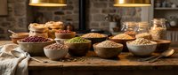 Assorted legumes and grains in bowls on wooden table with warm lighting, showcasing dried beans, lentils, and cereals for cooking and nutrition content.