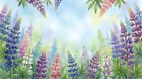 Watercolor lupine flowers frame with purple pink blue blooms on soft pastel background for spring garden design projects and floral decorations.