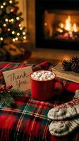 Cozy Christmas scene with hot cocoa, marshmallows, thank you card, plaid blanket, mittens, and glowing fireplace for holiday greeting cards.