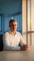 Confident middle-aged Caucasian businessman in white shirt sitting at office desk with warm sunlight streaming through window blinds creating professional atmosphere.