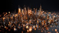 Modern cityscape with glowing skyscrapers at night, illuminated by warm bokeh lights creating magical urban atmosphere. Dramatic perspective highlights metropolitan architecture.